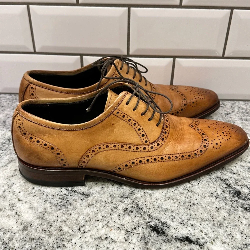 John W. Nordstrom Mens 9 Wingtip Oxford Tan Leather Brogue Made in Italy 8601